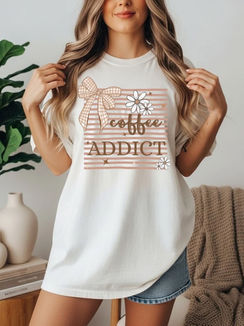 Comfort Colors White Tee with Pink Stripe Coffee Addict Design